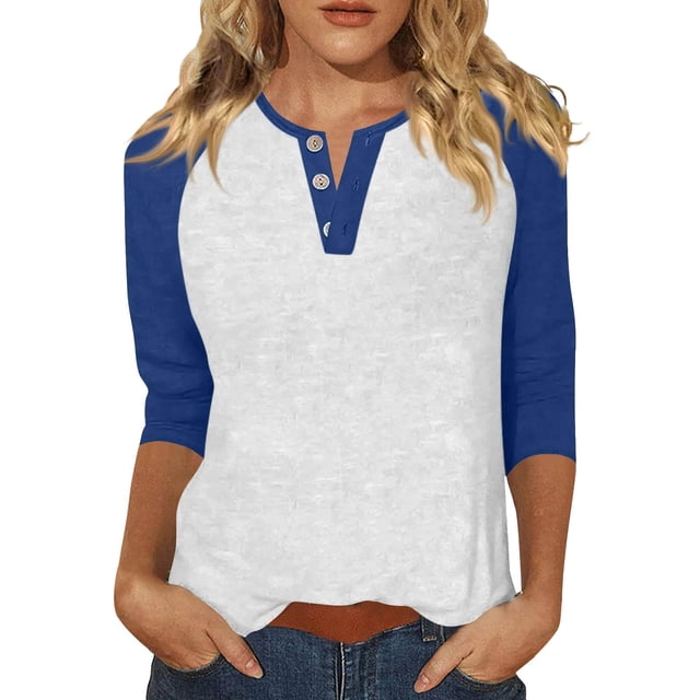 ManxiVoo Relaxed Fit Womens Top V Neck 3 4 Sleeve Button Front Shirt with Raglan Sleeves for Summer M Size Blue