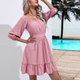thumbnail image 3 of AherBiu Boho Dresses for Women 3/4 Sleeve Square Neck Ruched Ruffle Summer Beach Cute Mini Dress, 3 of 7