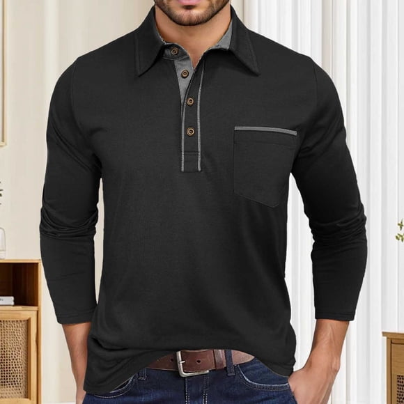 Adult Men's Polo Shirt Long Sleeve Button Tees Shirts Basic Black Men T Shirts