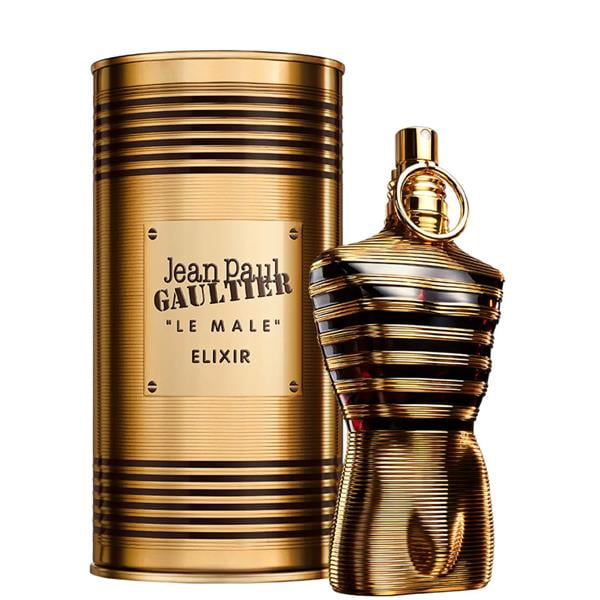 Le Male Elixir by Jean Paul Gaultier Parfum 2.5oz/75ml Spray, presented in a gold-toned, torso-shaped bottle with horizontal ridges, accompanied by a matching cylindrical box. This men's fragrance is new and comes in its original packaging.
