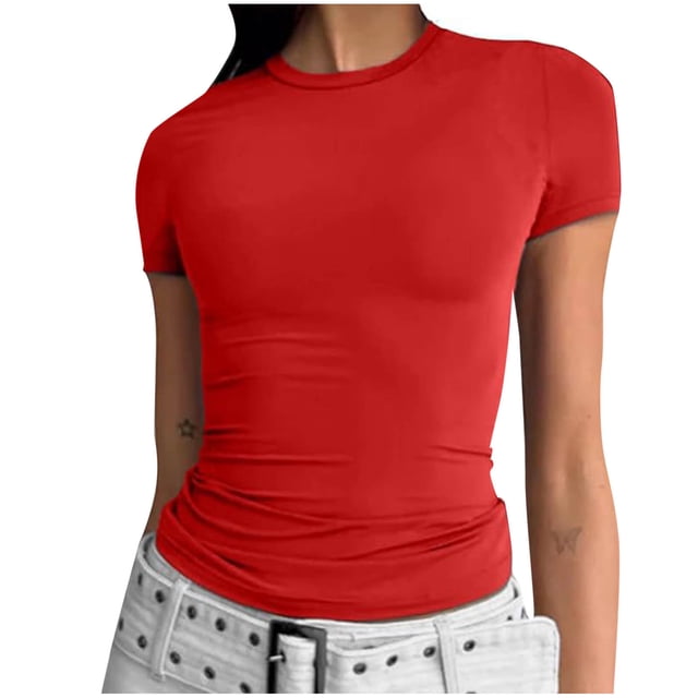 Liquidation de Hauts pour Femmes Grande Taille, Blouse d'Été à Manches Courtes pour Femmes, T-shirt Décontracté à Col Rond Uni à Manches Courtes pour Femme