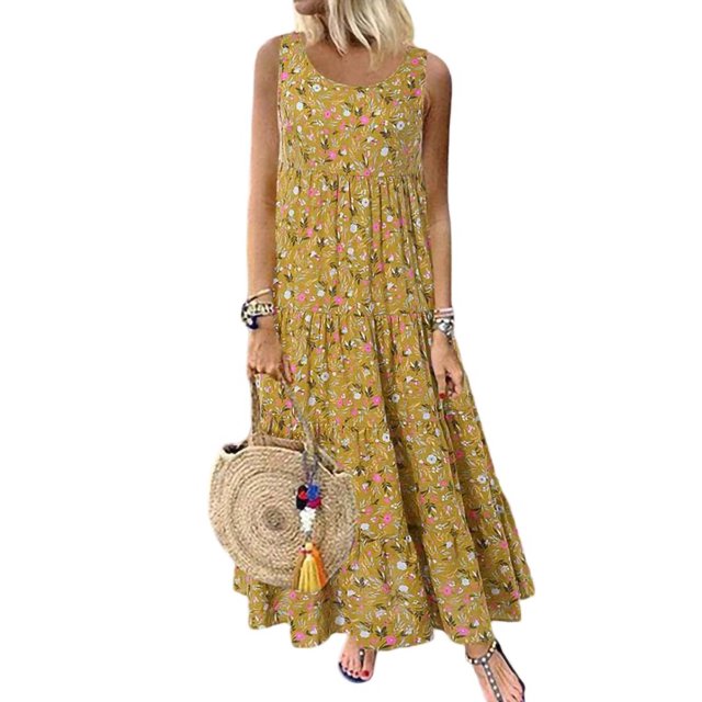 Sexy Dance Robe d'Été de Plage pour Femmes à Manches Courtes Longue Robe Maxi Robes Bohèmes Jaune G