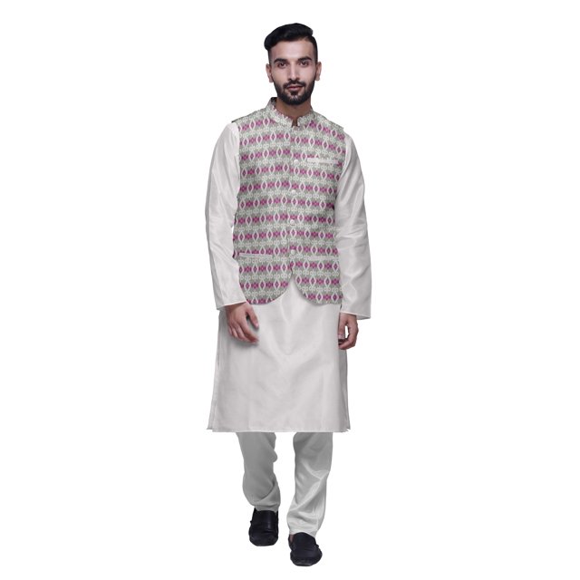 Atasi Mandarin Collar Traditional Solid Kurta Pajama With Printed Jacket Set