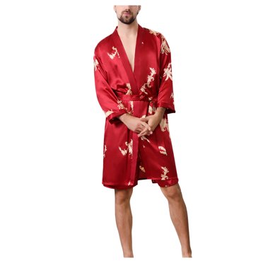 Bmisegm Men's Silk Robe Short Sleeve Kimono Lightweight Soft Bathrobe Open Front Loungewear For Home Spa Relaxation Comfortable Sleepwear Pajamas for Men Red XL