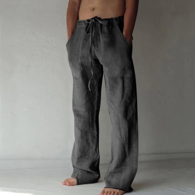 TIMIFIS Mens Casual Beach Pants Loose Elastic Waist Drawstring Straight Legs Summer Solid Color Cotton and Linen Pants with Pockets - Spring/Summer