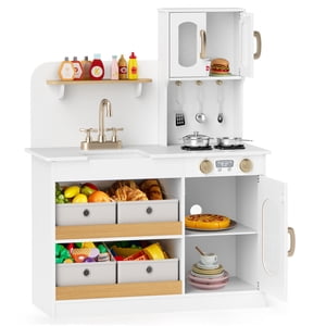 Patiojoy Jouer Cuisine pour enfants avec rangement, Ensemble de cuisine en bois avec 4 Boîtes de rangement Tables de conserve Évier et robinet