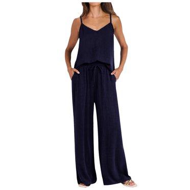 TJAZFJPA Cruise Outfits Women's 2 Piece Outfits Sleeveless Tops Drawstring Wide Leg Pants Matching Set with Pockets Airplane Outfit Women Pants Suits for Women Dressy Plus Size In White