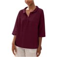thumbnail image 1 of Penkiiy Blouse Décontractée pour Femme à Manches 3/4 Henley à Col en V Boutonnée, Dos Plissé, Blouse Unie, Hauts, T-Shirts 2TG Bordeaux, 1 of 8