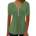 thumbnail image 2 of LSLJS Womens T Shirts Women's Fashion Casual Round Neck Pleated Solid Color Button Top Blouse, 2 of 5