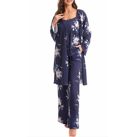 ZAXARRA Women's Fall Loungewear Set, Lace Patchwork Cami Tops + Pants + Robe 3 Pieces Sleepwear