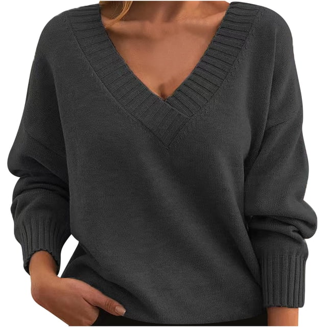 Timegard Hauts pour Femmes Col en V Profond Manches Longues Ample Confortable Chandail à Enfiler Automne Hiver Décontracté Hauts Chandail