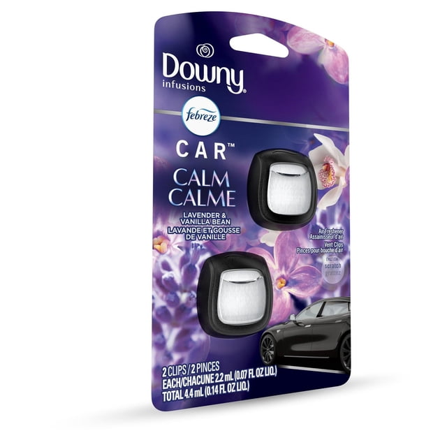 Febreze Car Air Freshener Vent Clips, Downy Calm Scent with lavender and vanilla bean, two black and silver vent clips on purple floral packaging, each clip contains 2.2 ml (0.07 fl oz) for a total of 4.4 ml (0.14 fl oz), providing up to 40 days of consistent calming fragrance for car interiors.