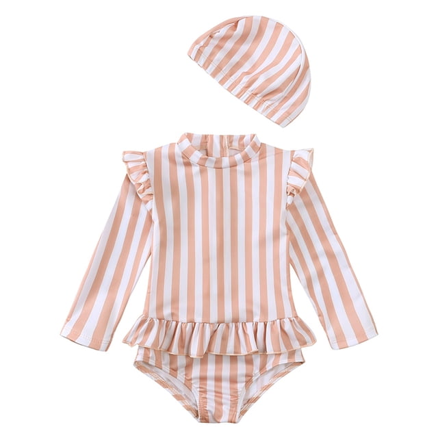 Little Girls Rash Guard Swimsuit Cute Print Sun Protection Long Sleeve Beach Swimsuit Bikini 7-8 Years