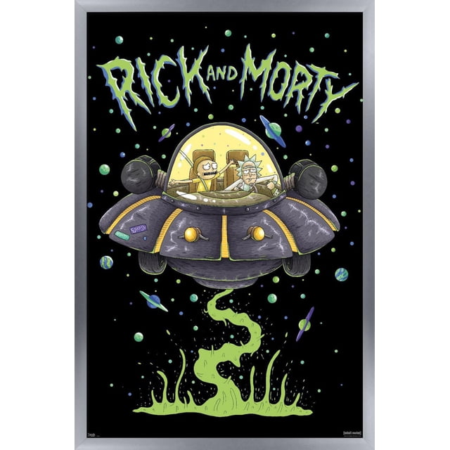 Rick And Morty - Affiche Murale de Navire, Affiche Encadrée 22,375 Pouces x 34 Pouces Montrant Rick And Morty à l'Intérieur d'Un Vaisseau Spatial Gris et Jaune avec un Dôme transparent, Volant à Travers l'Espace avec des Planètes Colorées et de la Fumée d'Alien Verte en Dessous, sur un Fond Noir avec le logo Rick And Morty Vert et Bleu au-Dessus. Idéale pour Décorer des Chambres, des Bureaux Ou des Dortoirs.