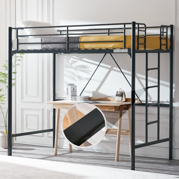 Ktaxon Upgrated Twin Loft Bed with Ladder Metal Bunk Bed with Flat Step Ladder for Kids Teens Adults, Black