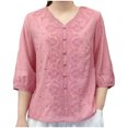 thumbnail image 1 of Pisexur Haut à Manches Courtes à Col Rond Brodé Rétro à la Mode pour Femmes, Hauts pour Femmes, Blouses Habillées Décontractées, Hauts pour Femmes Rose, 3TG, 1 of 3