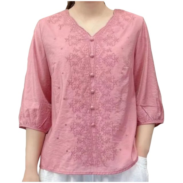 Pisexur Haut à Manches Courtes à Col Rond Brodé Rétro à la Mode pour Femmes, Hauts pour Femmes, Blouses Habillées Décontractées, Hauts pour Femmes Rose, 3TG