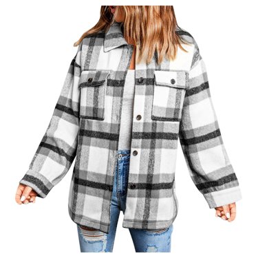 Penkiiy Women's Brushed Plaid Shirts Long Sleeve Flannel Lapel Button Down Pocketed Shacket Jacket Coats 2XL Gray