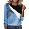 thumbnail image 1 of IROINID Liquidation Hauts Grande Taille pour Femmes Col Rond Couture Contraste Couleur Manches Longues T-shirt Blouse, Bleu, 1 of 6
