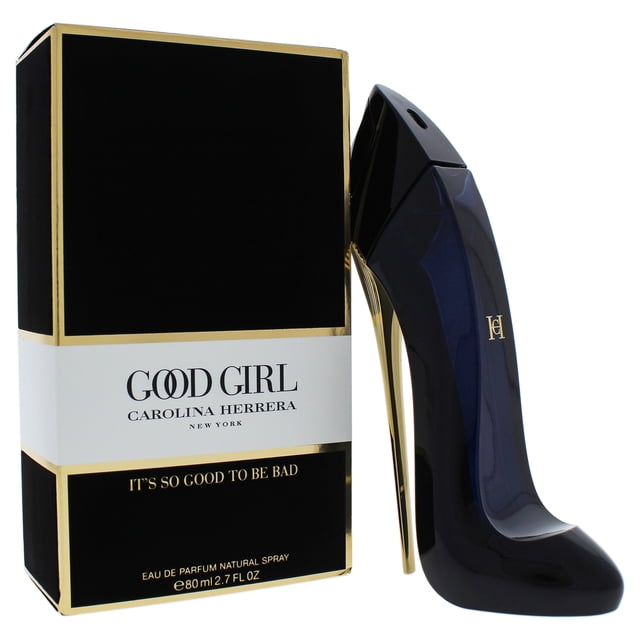CAROLINA HERRERA Good Girl Eau de Perfume Spray, 2.7 Fl Oz, featuring a stiletto-shaped bottle in deep navy with gold accents, paired with its black and gold packaging. This amber floral fragrance for women offers top notes of almond, coffee, bergamot, and lemon, middle notes of tuberose, jasmine sambac, orange blossom, orris, and Bulgarian rose, and base notes of tonka bean, cacao, vanilla, praline, sandalwood, amber, musk, cashmere wood, cinnamon, patchouli, and cedar.