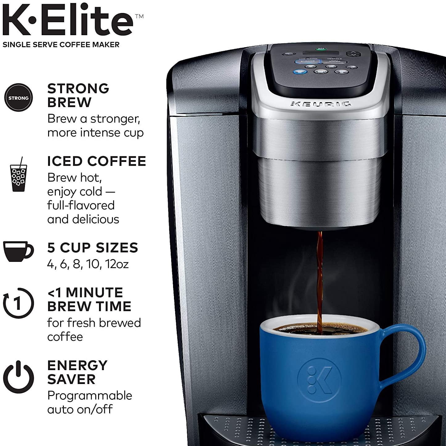 Keurig C K-Elite Maker, Single Serve K-Cup Pod Brewer, with Iced Coffee Capability, Extra Included, 75oz, Brushed Silver Plus Filter Bundle