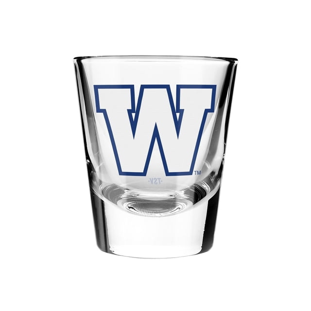 OFFICIALLY LICENSED NHL 2 PACK SHOT GLASS SET WINNIPEG BLUE BOMBERS with two clear 2-ounce shot glasses featuring a thick solid base and a large white W outlined in blue on the front, ideal for home bar entertaining and dishwasher safe.