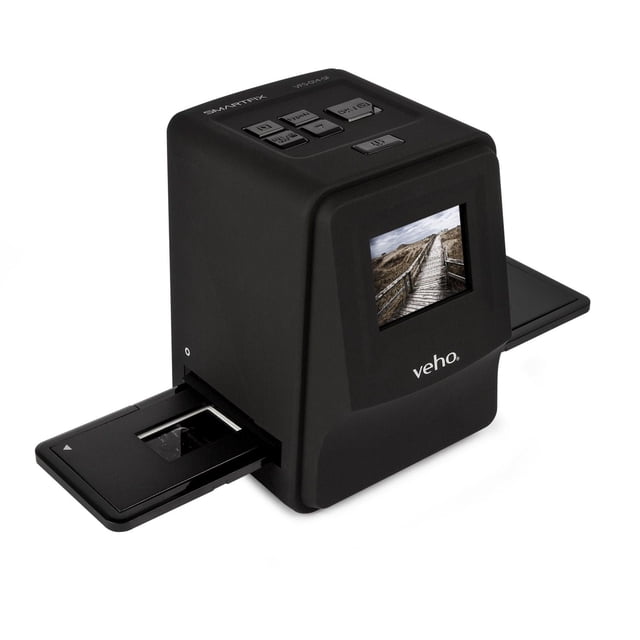 Veho Smartfix Portable Autonome 14 Mpx Numériseur de Pellicule Négative et de Diapositives Noir en Forme de cube compact, Doté d'Un Écran LCD de 2,4 Pouces Affichant une image de Passage en Bois, Supports pour Diapositives et Négatives Prolongés des Deux Côtés, et Boutons de Contrôle sur le Dessus pour une Touche de Numérisation et une Exposition Automatique, Convient pour Numériser des Pellicule Ancienne Sans Ordinateur.