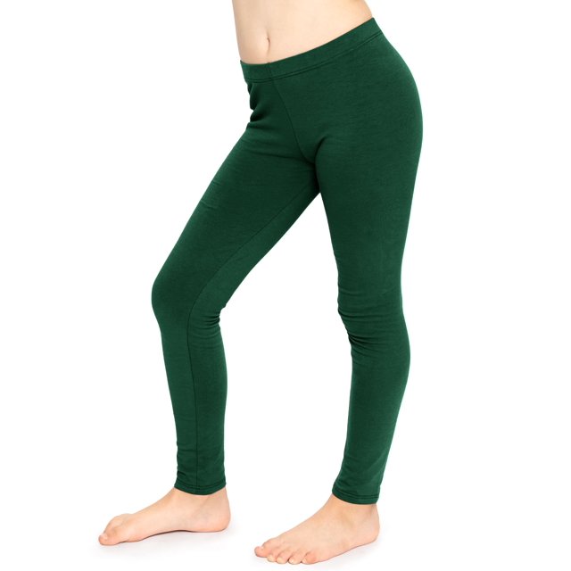 Stretch Is Comfort Girl's Cotton Leggings in a child size, shown in a solid green color. These footless leggings are made from a medium-weight cotton and spandex blend, offering a soft and durable fit. The design features a flat elastic waistband and a four-way stretch fabric for comfort and flexibility. Suitable for casual wear, playtime, or layering under outfits, these leggings are available in multiple colors and prints.