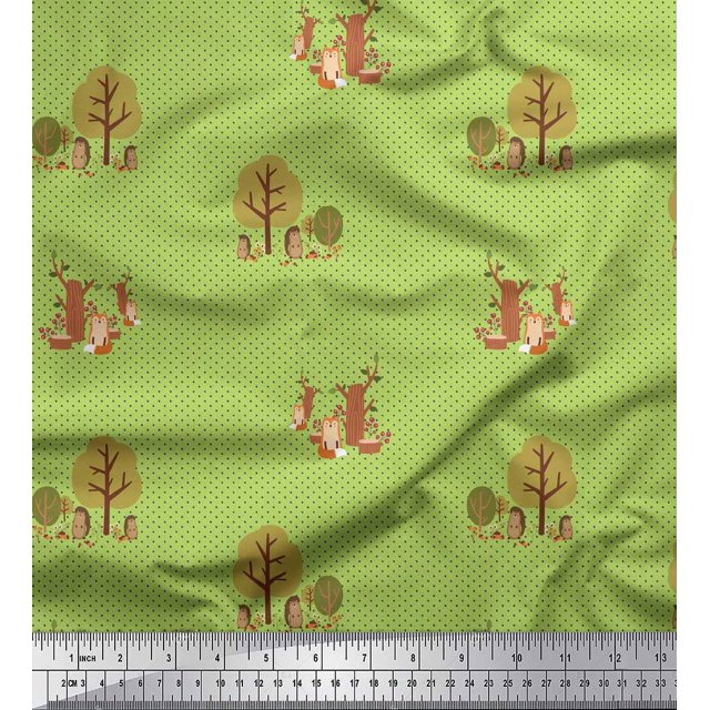 Soimoi Green Poly Georgette Fabric Tree & Animals Dots Print Fabric by the Yard 52 Inch Wide