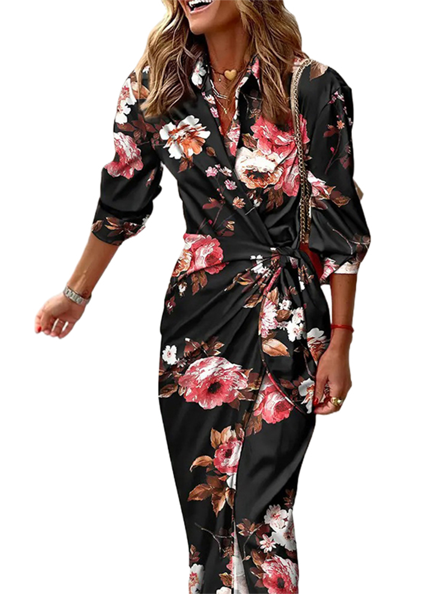 Sexy Dance Robes pour Femmes Imprimé Floral Été Plage Robe d'Été Géométrique Longue Robe Col en V Manche 4 Noir Floral 5TG