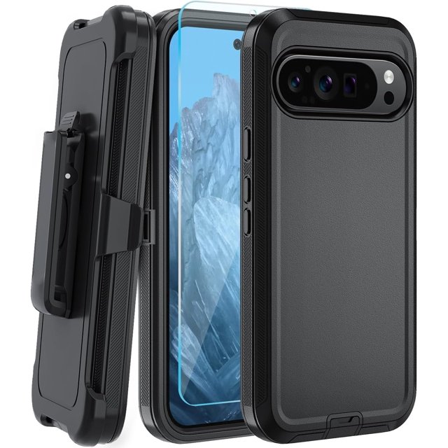 KOMI for Google Pixel 8 Case, with HD Tempered Glass Screen Protector, Heavy Duty Shockproof Drop Protective Rugged Tough Durable Phone Cover with Belt Clip-Black