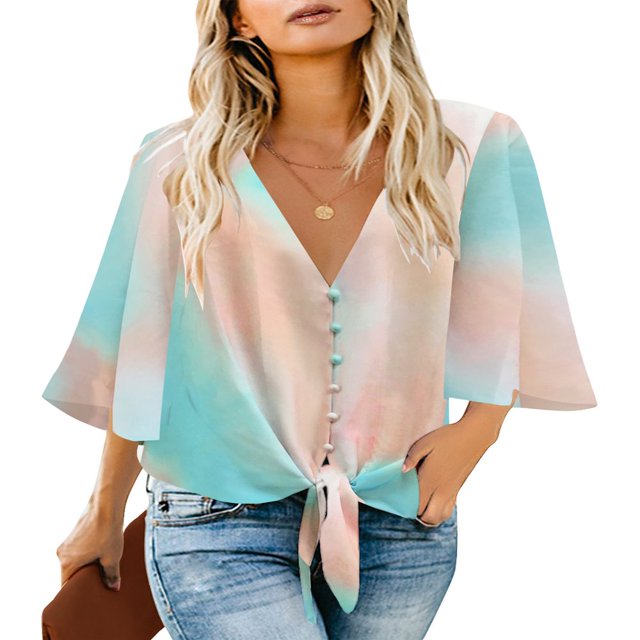 CHUANK Women‘s Button Down V Neck Tops Ruffled 3/4 Sleeve Tie Knot Front Blouses White Sizes S-2XL