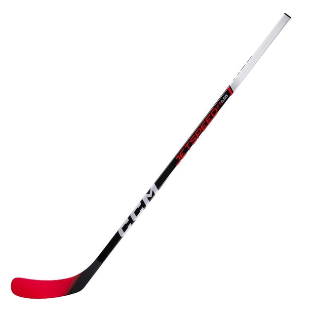 CCM Jetspeed FT655 Ice Hockey - Junior LH stick with a black shaft featuring white CCM branding and red Jetspeed FT655 text, a white grip, and a composite stiff blade in red and black designed for durability and hybrid kickpoint performance in ice hockey.
