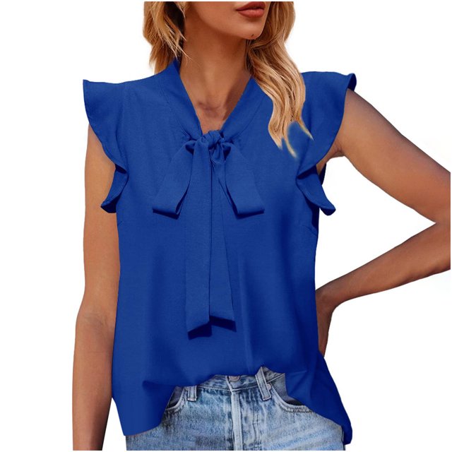 Dealovy Work Tank Tops for Women Cap Sleeve Ruffle V Neck Lace up Dressy Casual Solid Color Blouses
