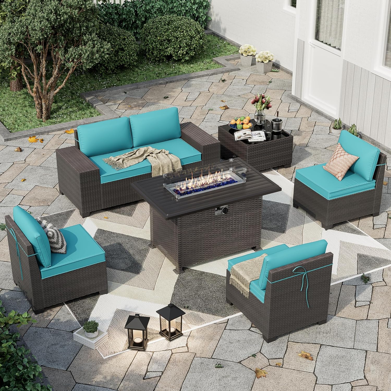 Kullavik Patio Furniture Sectional Sofa Set 7 Pieces PE Rattan Outdoor Furniture w/43in Gas Fire Pit Table, Patio Conversation Set with 55000 BTU Propane Fire Pit, Blue