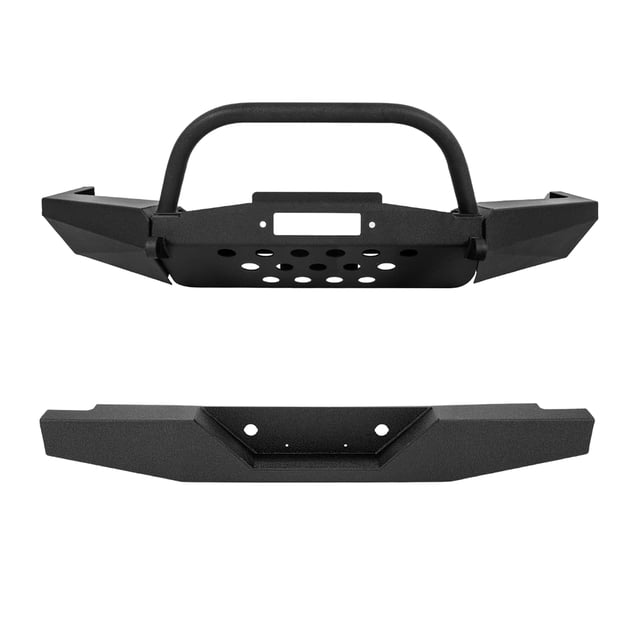 Kojem front and rear bumper set compatible with 1998-2011 Ford Ranger, featuring a black powder-coated steel construction. The front bumper includes a winch plate, two D-ring mounts, and an integrated bull bar for grille protection. The rear step bumper provides easy access to the truck bed. Designed for durability and rust resistance, this set offers easy bolt-on installation with included mounting hardware.