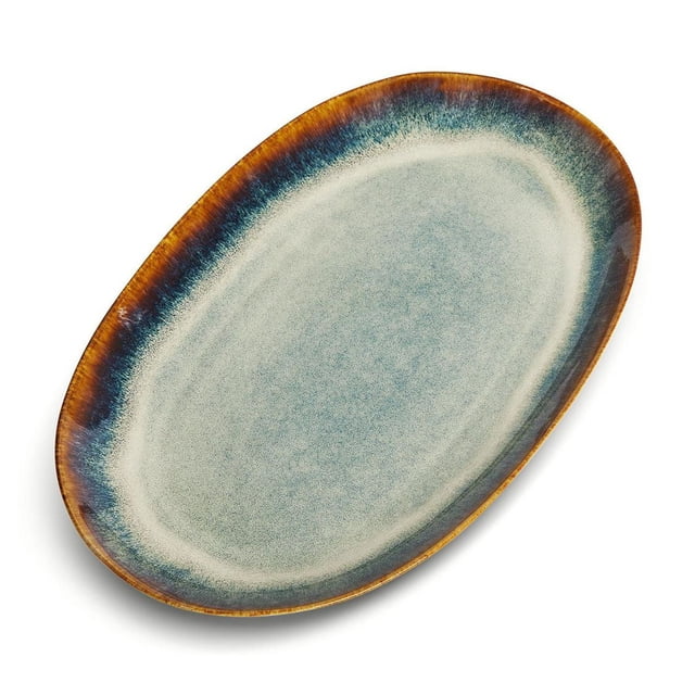 Yellowstone Plateau Ovale en Céramique, Kayce Collection, Grand Plateau de Service en Grès Céramique avec Glaçure Réactive dans des Tons Bleus et Bruns, Conçu pour les Repas et les Réceptions, Convient Aussi pour Exposer des hors-D'œuvre Ou des desserts.