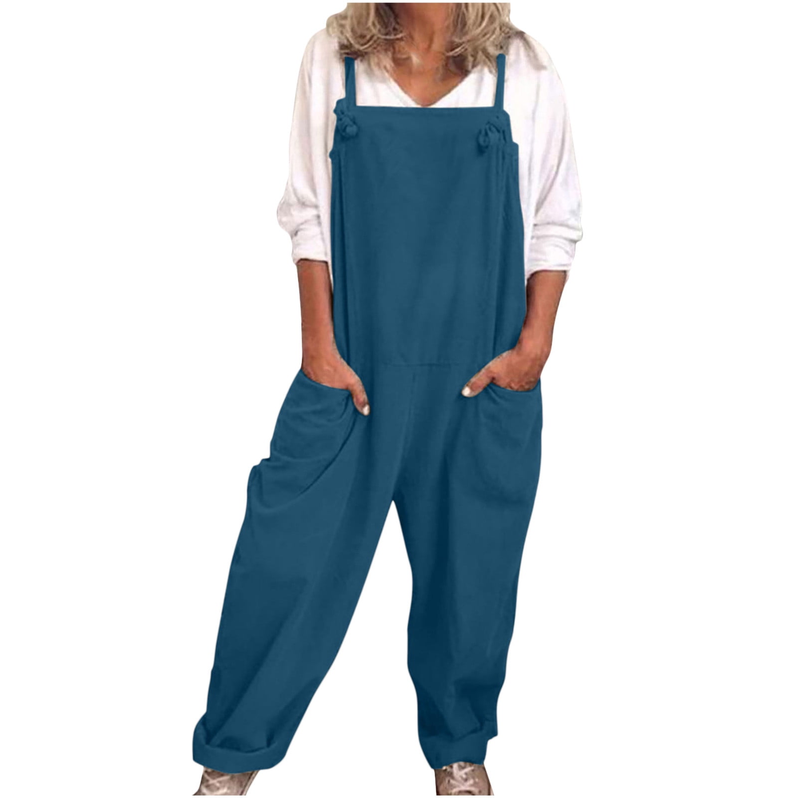 jsaierl Salopette en Lin pour Femmes Décontractée Unie Combinaison Confortable Fluide Pantalon à Jambes Larges avec Poches