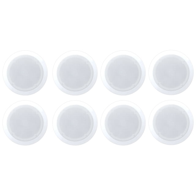 Pyle Home PDIC PRO Max Series 6.5'' Flush Mount Ceiling Speakers, 8 Pack, designed for in-wall or in-ceiling installation with round white grilles for a clean look. Each speaker features a 1-inch high-temperature voice coil, 0.5-inch directable polymer dome tweeter, and delivers 1600 watts total power output. Perfect for home theatre or audio system setups, these speakers offer a frequency response of 70 Hz to 20kHz and quick wire connection terminals. Includes eight speakers for versatile audio solutions.