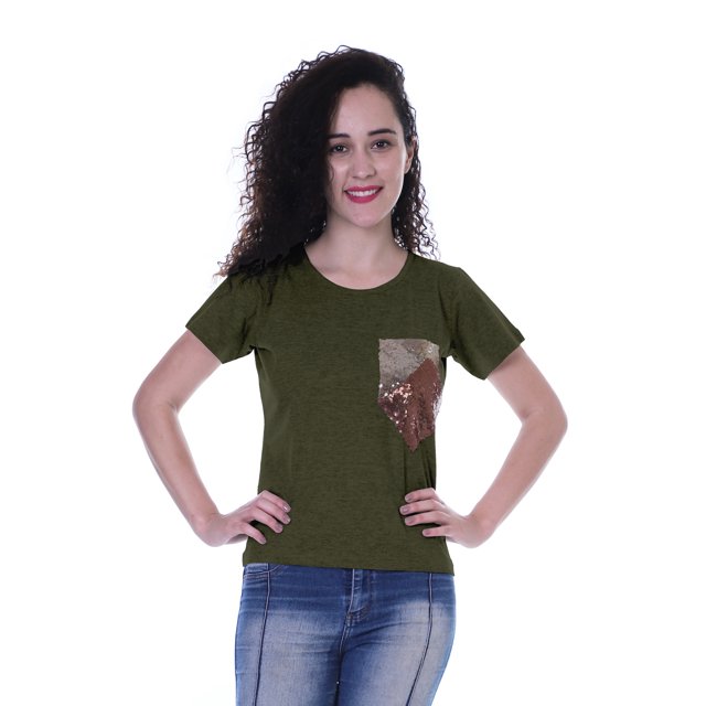 Moomaya T-shirt à Col Rond pour Femmes à Manches Courtes avec Poche Plaquée à Paillettes - OC