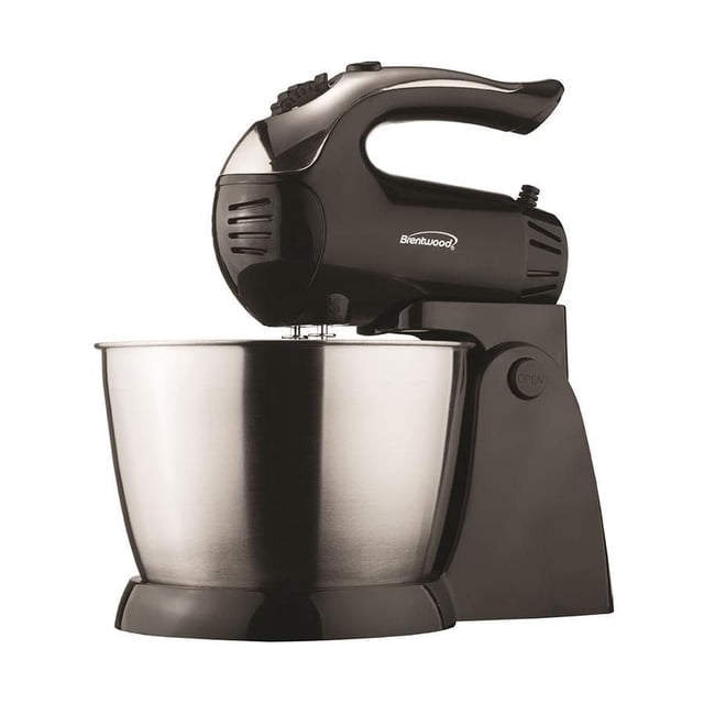 Brentwood 5-Speed + Turbo Stand Mixer in black with a 3-quart stainless steel bowl, ergonomic handle, and one-hand speed control, ideal for mixing batter, whipping cream, and beating eggs, shown in side profile on white background.