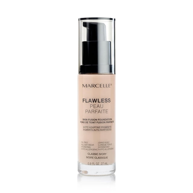 Marcelle Fond de Teint Impeccable en Ivoire Classique, Bouteille en Verre Clair de 27 ml avec Pompe Noire et Bouchon transparent, Sans Huile, Fond de Teint Liquide Hydratant avec Tenue de 10 Heures et pigments Auto-Adaptatifs pour un Teint Naturel et Éclatant.