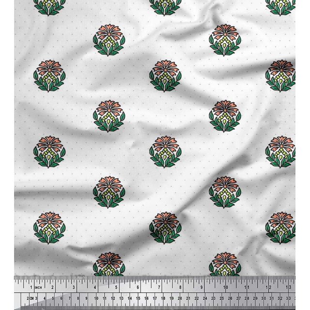 Soimoi Silk Fabric Dot,Leaves & Floral Block Printed Fabric 1 Yard 42 Inch Wide