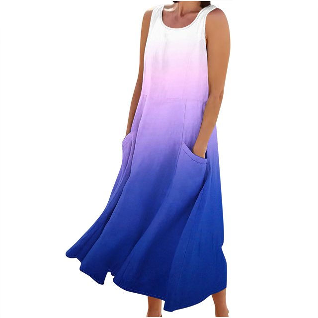 FAIWAD Robes d'Été Grande Taille pour Femmes 2024 Sans Manches Décontractées Robe Maxi Dégradé Boho Plage Robe Débardeur