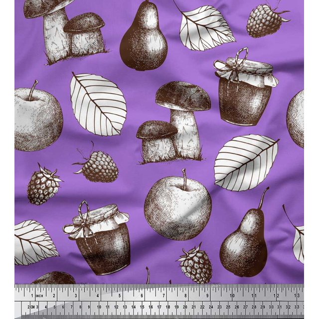Soimoi polyester Crepe Fabric Mushroom, Pear Fruits Printed Fabric 1 Yard 42 Inch Wide