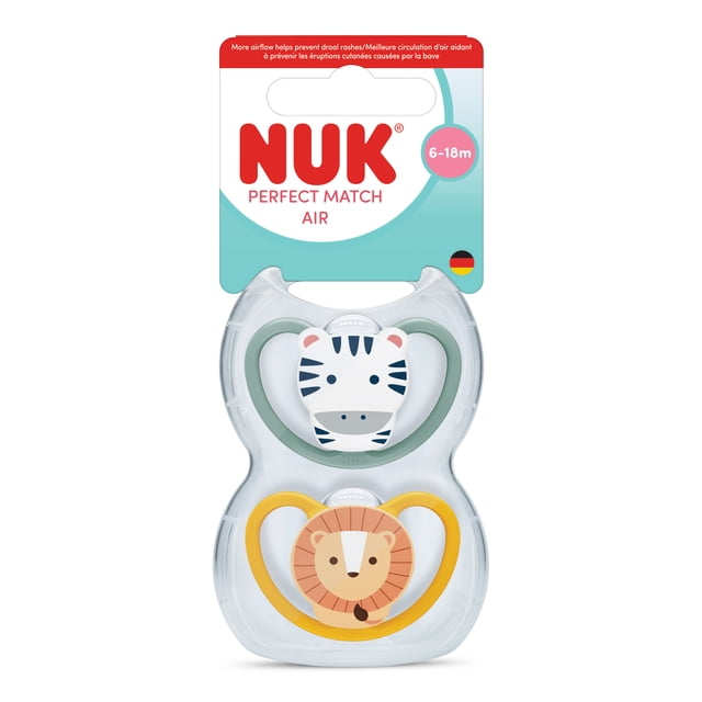 NUK Perfect Match Air Baby Pacifiers, 6-18 Months, Orthodontic Pacifiers that Promote Air Flow & Prevent Drool Rash, 95% Baby Acceptance**, Lion & Zebra, 2 Count
