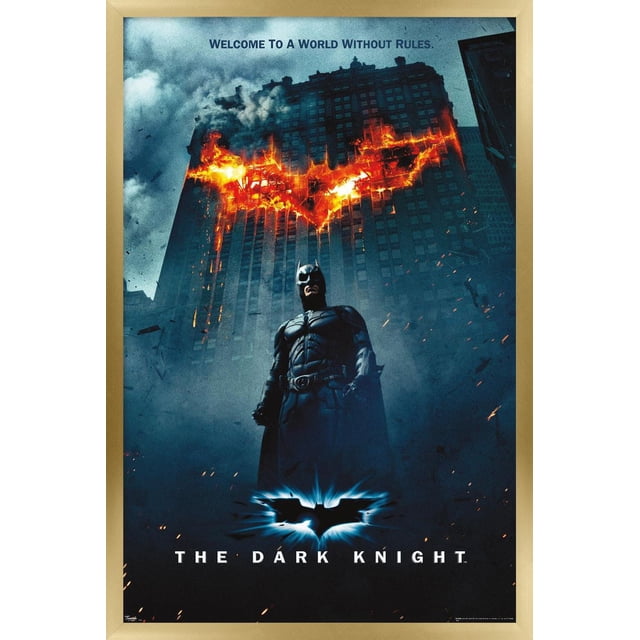 DC Comics Film - The Dark Knight - Logo Batman sur une Feuille d'Affiche Murale, 22,375 Pouces x 34 Pouces Montrant Batman en Armure Noire Se Tenant Debout devant un Grand Bâtiment de Ville avec un Symbole de Chauve-Souris Ardente Brûlant sur Sa Façade. l'Affiche Comprend le Slogan « Bienvenue dans un Monde Sans Règles » et le Titre du Film « The Dark Knight » avec un Emblème de Chauve-Souris Lumineux en Dessous, Imprimée sur Papier Lustré Idéale pour