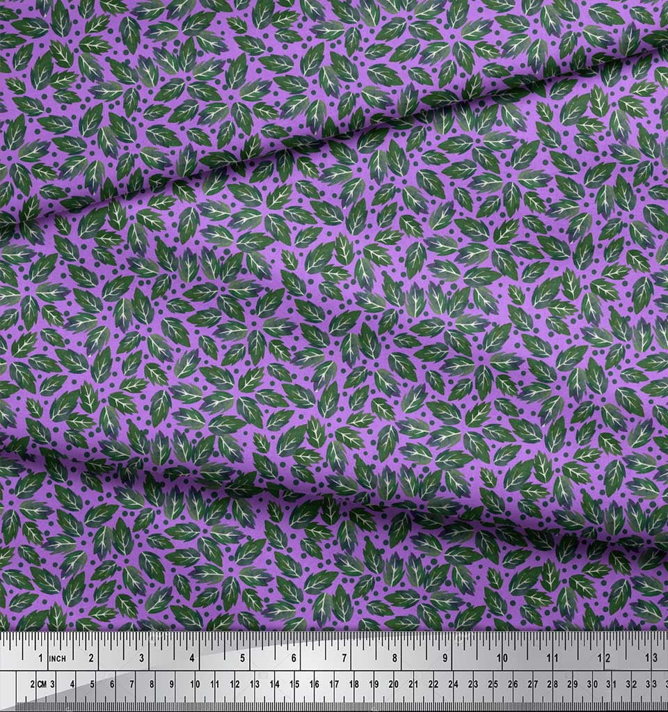 Soimoi Purple Silk Fabric Rose Leaves Printed Fabric 1 Yard 44 Inch Wide