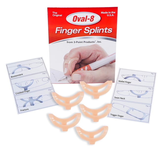 3-Point Products Oval-8 Finger Splint Size 8 (Pack of 5) Front-facing view of five clear oval-shaped plastic finger splints aligned side-by-side showing the rounded ring, dorsal support loop and central opening with a smooth surface on a white background; designed to help treat mallet finger, trigger finger, swan-neck and boutonniere injuries and provide finger joint support.