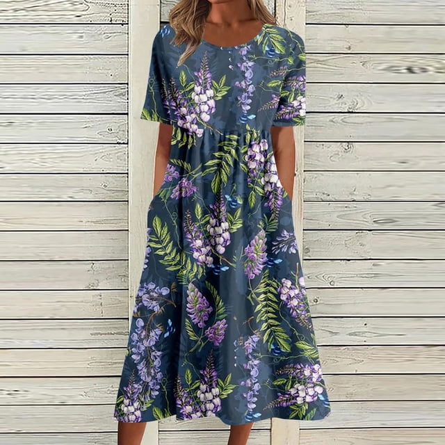 DPTALR Women Summer Printing Causal Round Neck Short Sleeve Vacation Pockets Dress